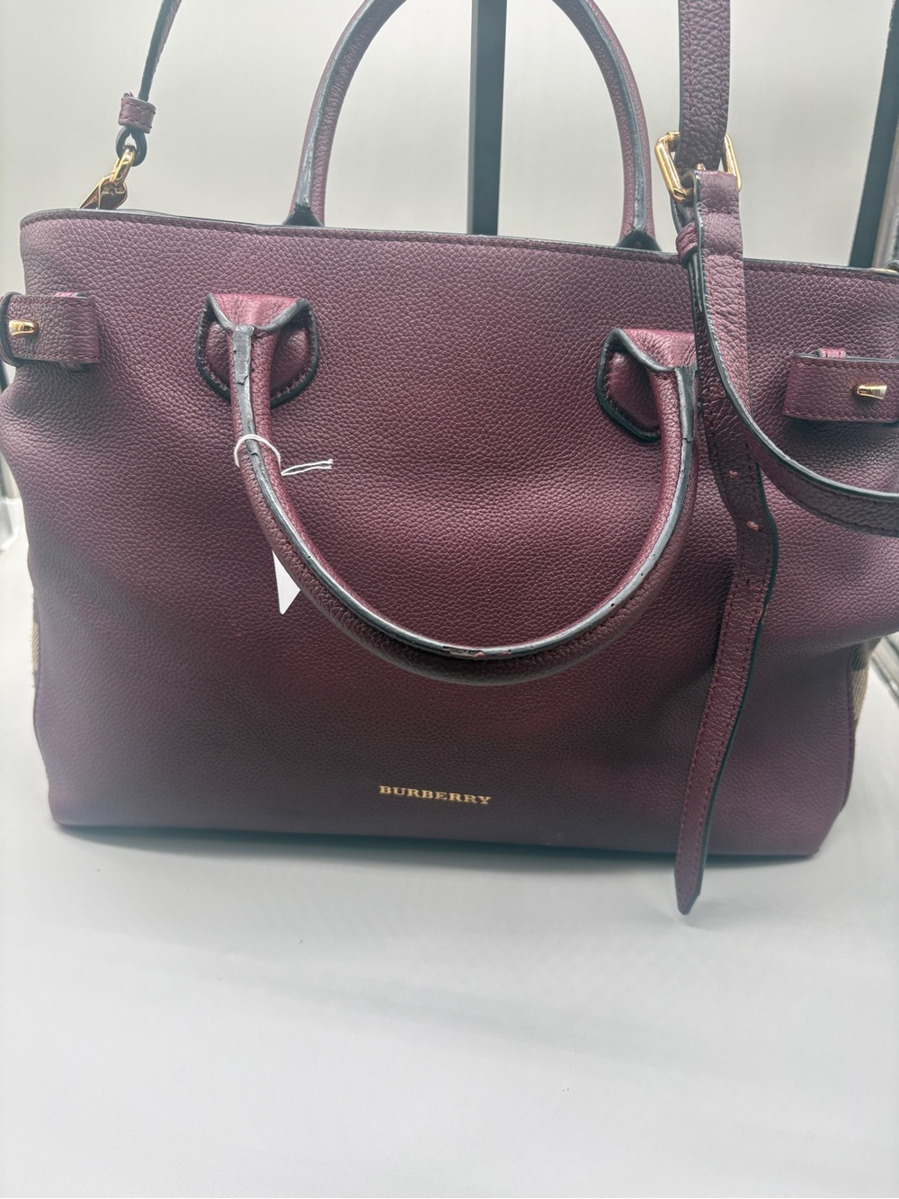 Burberry Burgundy Leather Banner House Check Tote Crossbody Bag